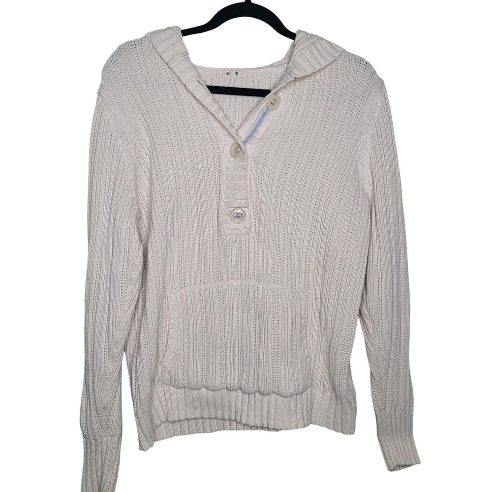 Ivory Hoodie Cable Knit V Neck Sweater Women's Sz Medium Coastal Blue Accent‎